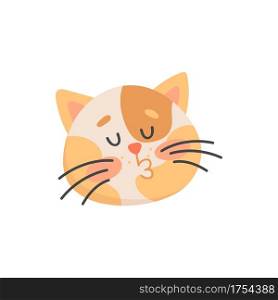 Cat making kiss isolated feline animal portrait. Vector head of cute kitten, kissing sign, cartoon kitty in love. Loving feline, emoji emoticon, emotion of sympathy and love, snout of lovely cat. Kissing cat isolated snout kitten, kiss emoticon