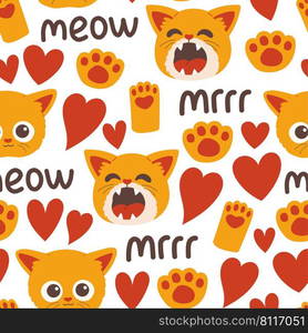 Cat muzzle face head and paw seamless pattern vector illustration
