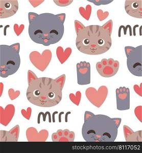 Cat muzzle face head and paw seamless pattern vector illustration