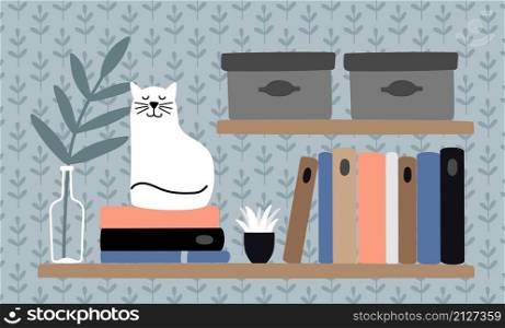 Cat on book shelf. Clever animal, pet and books. Reading cozy concept, home workplace vector illustration. Cat on book shelf