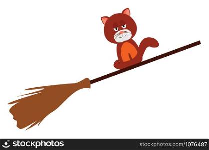 Cat on broom, illustration, vector on white background.