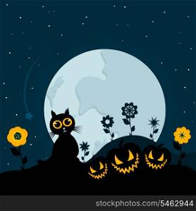 Cat on Halloween. Cat at night against the moon. A vector illustration