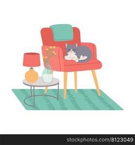 Cat on modern chair flat design vector illustration