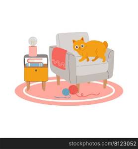 Cat on modern chair flat design vector illustration