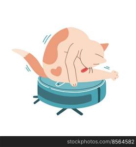 Cat on robot vacuum cleaner flat design vector illustration, isolated on white background