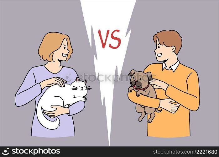 Cat or dog love concept. Young smiling woman with white cat standing opposite positive man holding puppy dog on hands looking at each other vector illustration . Cat or dog love concept