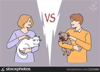 Cat or dog love concept. Young smiling woman with white cat standing opposite positive man holding puppy dog on hands looking at each other vector illustration . Cat or dog love concept