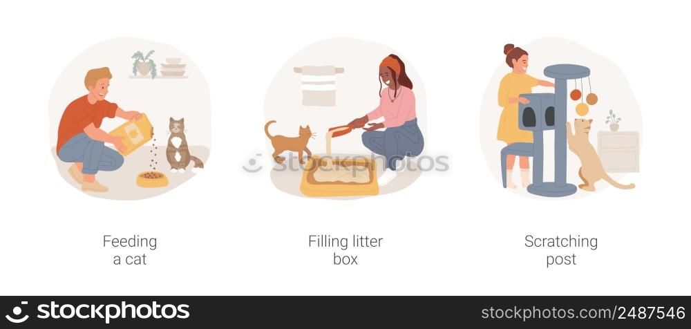Cat owner routine isolated cartoon vector illustration set. Feeding a cat, pouring dry food in bowl, filling litter box, filler into toilet tray, scratching post, daily routine vector cartoon.. Cat owner routine isolated cartoon vector illustration set.