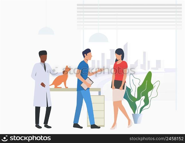 Cat owner visiting and talking to vet doctors. Pet treatment, consultation, animal care concept. Vector illustration can be used for topics like health, vet clinic, veterinary