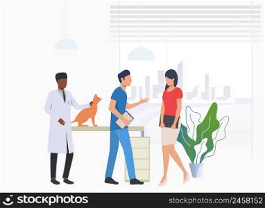 Cat owner visiting and talking to vet doctors. Pet treatment, consultation, animal care concept. Vector illustration can be used for topics like health, vet clinic, veterinary