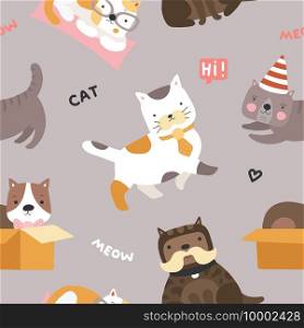 Cat pattern. Cute kittens, funny playful pets seamless vector childish textile texture. Pet cat meow, animal pattern textile illustration. Cat pattern. Cute kittens, funny playful pets seamless vector childish textile texture