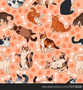 Cat pattern. Seamless texture with cute multicolor cats, kids wallpapers with funny happy pets, fabric textile vector meowing crazy animals background decor. Cat pattern. Seamless texture with cute multicolor cats, kids wallpapers with funny happy pets, fabric textile vector decor