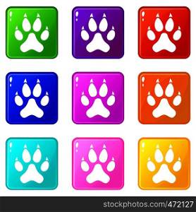 Cat paw icons of 9 color set isolated vector illustration. Cat paw icons 9 set