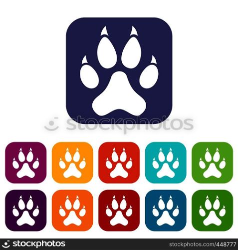 Cat paw icons set vector illustration in flat style In colors red, blue, green and other. Cat paw icons set flat