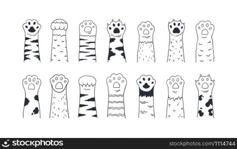 Cat paws. Cute hand drawn dog or kitten claws and paws, cartoon funny kitty and puppy animal foot. Vector set isolated drawings graphics black sketch paw pets on white background. Cat paws. Cute hand drawn dog or kitten claws and paws, cartoon funny kitty and puppy animal foot. Vector isolated sketch set