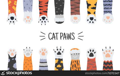 Cat paws. Hand drawn funny puppies and kittens claws and foots, wild animals and pets paws. Vector doodle illustrations cartoon dog foot with claws set for icon dangerous animal on white. Cat paws. Hand drawn funny puppies and kittens claws and foots, wild animals and pets paws. Vector doodle cartoon dog foot set
