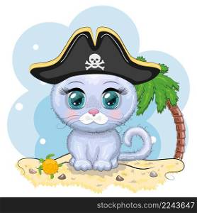 Cat pirate, cartoon character of the game, wild animal cat in a bandana and a cocked hat with a skull, with an eye patch.Character with bright eyes on the beach with palm trees. Cat pirate, cartoon character of the game, wild animal cat in a bandana and a cocked hat with a skull, with an eye patch. Character with bright eyes