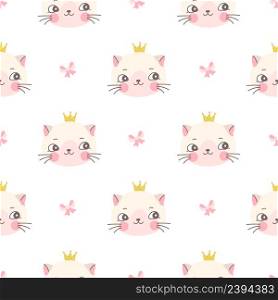 Cat princess seamless pattern. Kitty in gold crown, funny print for girl. Childish nursery, baby fabric art template. Nowaday cartoon vector background. Princess kitty seamless background illustration. Cat princess seamless pattern. Kitty in gold crown, cute funny print for girl. Childish nursery graphic, baby fabric art template. Nowaday cartoon vector background