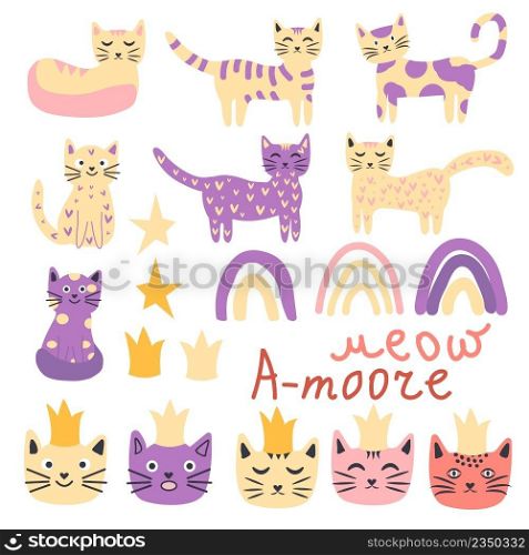 Cat princess set. Cute princess cats, little kitty. Girlish print. Seamless cat princess pattern. Cute princess cats seamless pattern, little kitty.