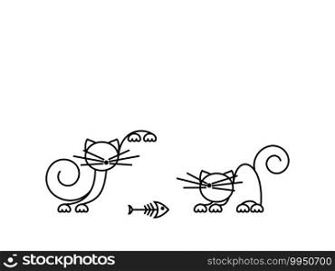 Cat Print. Funny kittens playing with a fish. Minimalist Art. Vector illustration.