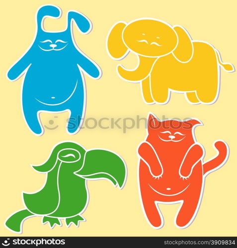 Cat, rabbit, elephant and parrot on light yellow background, cartoon vector illustration