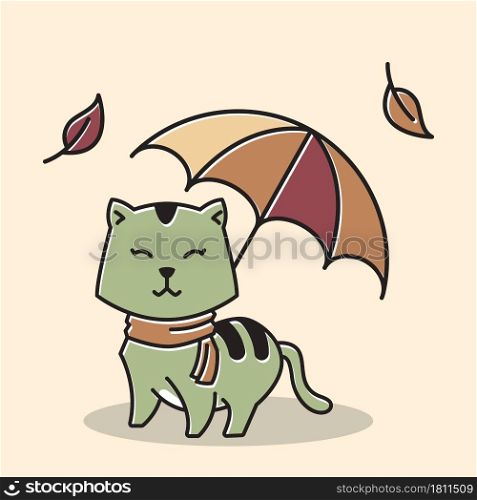 Cat Scarf Standing Smiling Umbrella Autumn Fall Season Cartoon