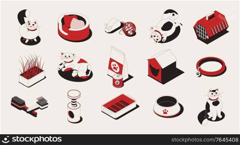 Cat set of isometric icons with isolated cats characters pet bowls food and toys with cradles vector illustration