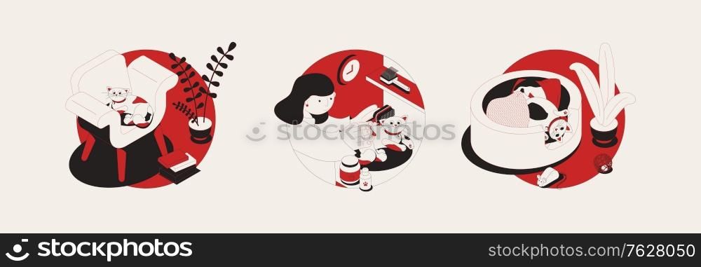 Cat set of three round compositions with isometric pet images human characters and elements of interior vector illustration