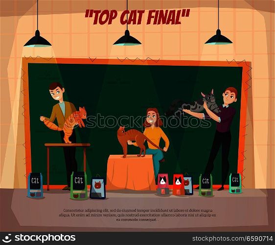 Cat show final retro cartoon poster with 3 top competitors and their happy owners onstage vector illustration . Car Show Final Poster 