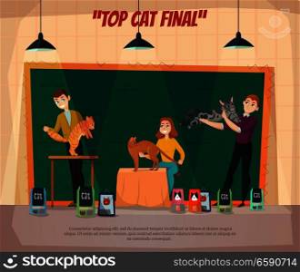 Cat show final retro cartoon poster with 3 top competitors and their happy owners onstage vector illustration . Car Show Final Poster 