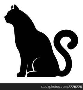 cat sits quietly with tail in shape of question mark. Silhouette of domestic cat, pets. Simple black and white vector isolated on white background