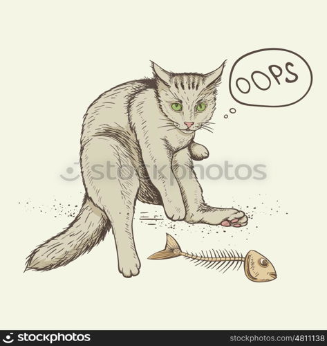 Cat sitting on the floor and fish skeleton. Hand drawn vector illustration.