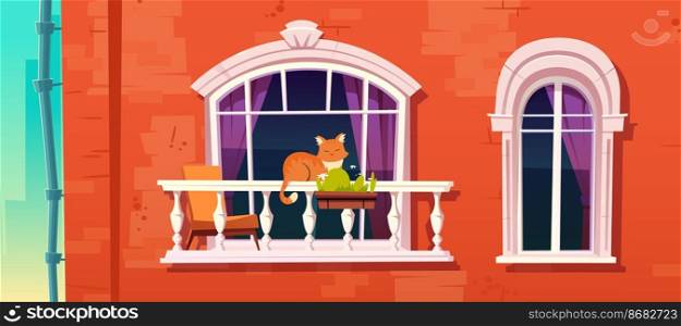 Cat sleep on home balcony railing. Sweet pet relax outside of house. Brick wall facade with window and ginger fluffy kitten lying on white banister. Funny domestic animal Cartoon vector illustration. Cat sleep on home balcony railing. Sweet pet relax