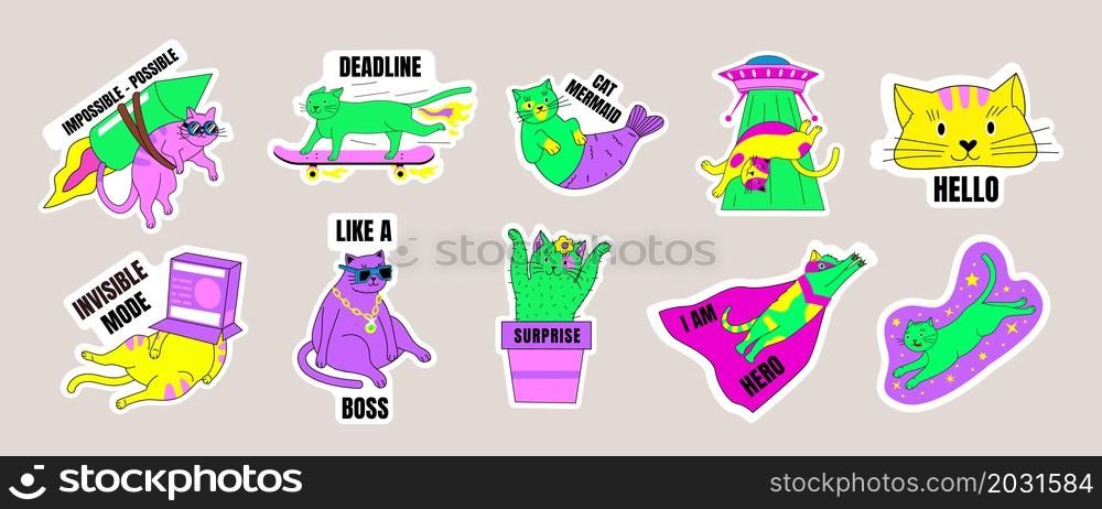 Cat stickers. Abstract fantasy comic kitten character badges with saturated colors. Pets and lettering. Funny kitty on skate. Cute animal with space rocket or UFO. Vector 90s disco isolated labels set. Cat stickers. Abstract fantasy comic kitten badges with saturated colors. Pets and lettering. Funny kitty on skate. Animal with space rocket or UFO. Vector 90s disco isolated labels set