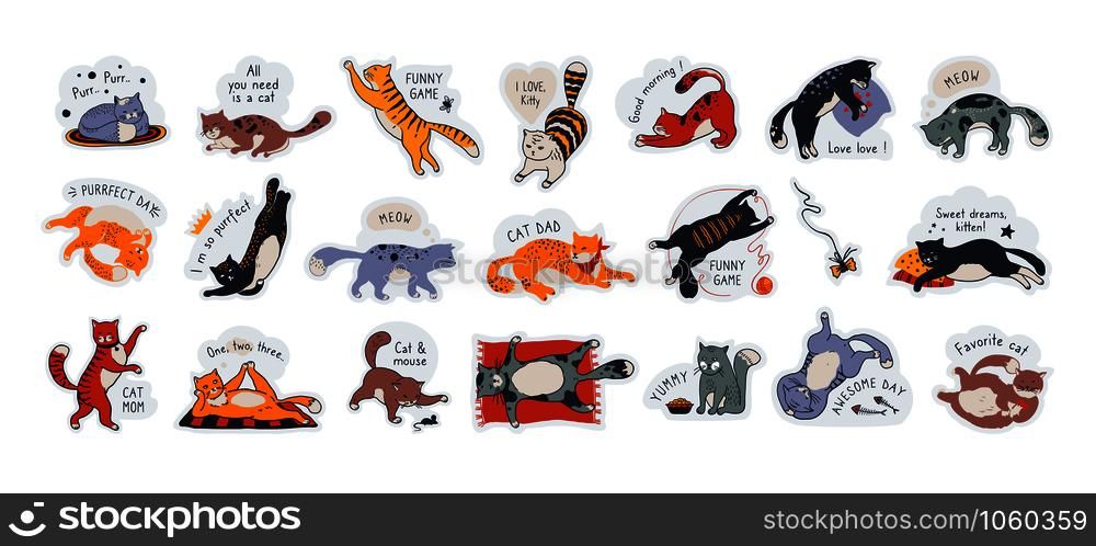 Cat stickers. Cute pet labels with motivation quotes, diverse hand drawn cartoon characters different poses. Vector illustrations funny doodle drawing set, happy expressions kitten face concept. Cat stickers. Cute pet labels with motivation quotes, diverse hand drawn cartoon characters different poses. Vector kawaii funny set