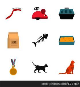Cat things icons set. Cartoon set of 9 cat cat things vector icons for web isolated on white background. Cat things icons set, cartoon style