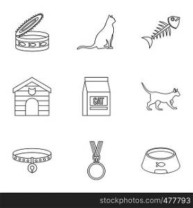 Cat things icons set. Outline set of 9 cat things vector icons for web isolated on white background. Cat things icons set, outline style