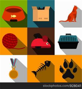 Cat toys icon set. Flat style set of 9 cat toys vector icons for web design. Cat toys icon set, flat style