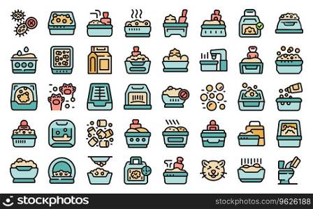 Cat tray icons set outline vector. Toilet dog. Poop sand thin line color flat on white isolated. Cat tray icons set vector line color