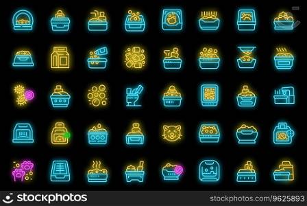 Cat tray icons set outline vector. Toilet dog. Poop sand neon color on black. Cat tray icons set vector neon