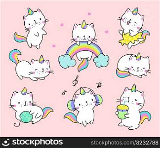 Cat unicorn. Kawaii cats, fun unicorns kitty characters. Pastel cute animals with rainbow and drinks, dreaming caticorn pet baby nowaday vector stickers. Illustration of animal adorable sticker. Cat unicorn. Kawaii cats, fun unicorns kitty characters. Pastel cute animals with rainbow and drinks, dreaming caticorn pet baby nowaday vector stickers