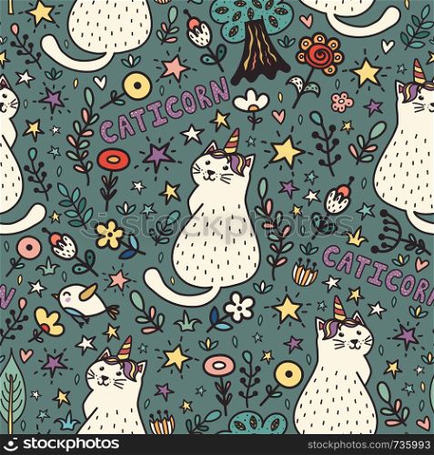 Cat unicorn magic seamless pattern. Cute caticorn background. Vector illustration
