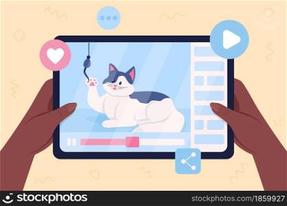 Cat video flat color vector illustration. Streaming viral content on social media. Pet video. Watching entertainment media. Cute animal 2D cartoon character on tablet screen background. Cat video flat color vector illustration