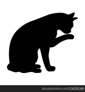 Cat washes silhouette vector illustration. Black shadow of pet. Cat sitting isolated icon