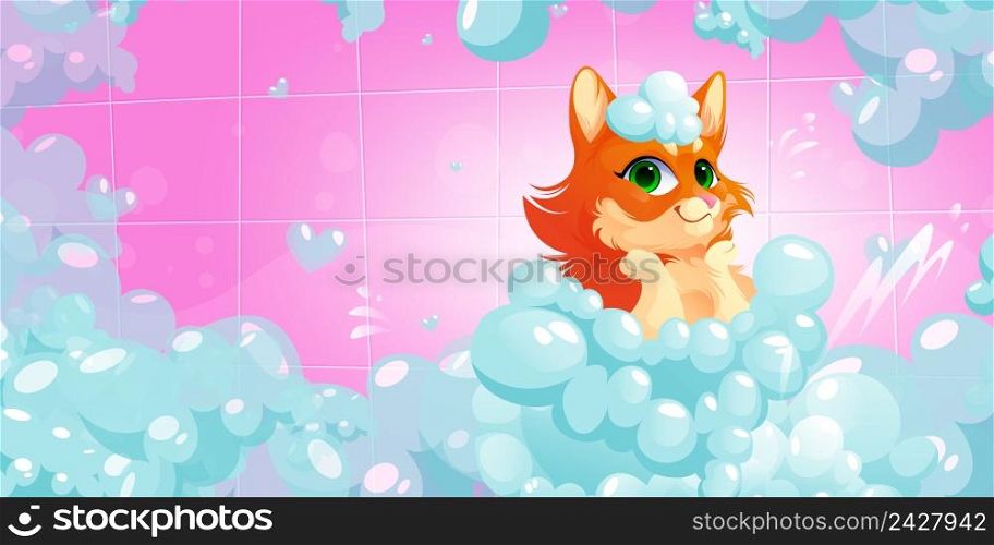 Cat washing procedure in bath, pets grooming service in spa salon, animal care. Funny kitten sitting in foam enjoying salon pampering in tub with shampoo and tiled wall, Cartoon vector Illustration. Cat washing procedure in bath, pets grooming care