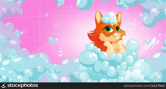 Cat washing procedure in bath, pets grooming service in spa salon, animal care. Funny kitten sitting in foam enjoying salon pampering in tub with shampoo and tiled wall, Cartoon vector Illustration. Cat washing procedure in bath, pets grooming care
