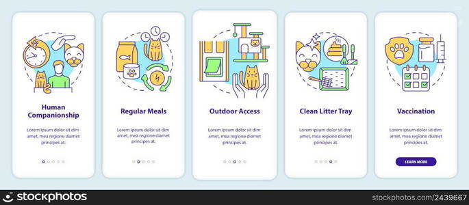 Cat wellness onboarding mobile app screen. Human companionship walkthrough 5 steps graphic instructions pages with linear concepts. UI, UX, GUI template. Myriad Pro-Bold, Regular fonts used. Cat wellness onboarding mobile app screen