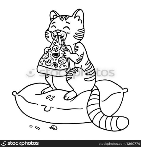 Cat with a pizza slice in the mouth vector illustration. Kitty sit on the pillow and eating pizza. Amusing domestic pet illustration. Isolated on white background. Illustration for coloring book.