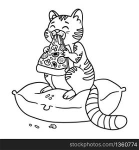 Cat with a pizza slice in the mouth vector illustration. Kitty sit on the pillow and eating pizza. Amusing domestic pet illustration. Isolated on white background. Illustration for coloring book.