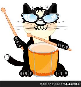 Cat with drum. Pets black cat plays on music instrument drum